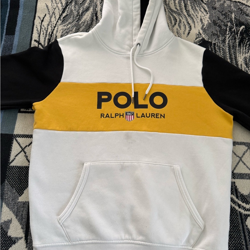 Polo Ralph Lauren Double Knit White/Yellow Gold/Black Colorblock Pullover Hoodie